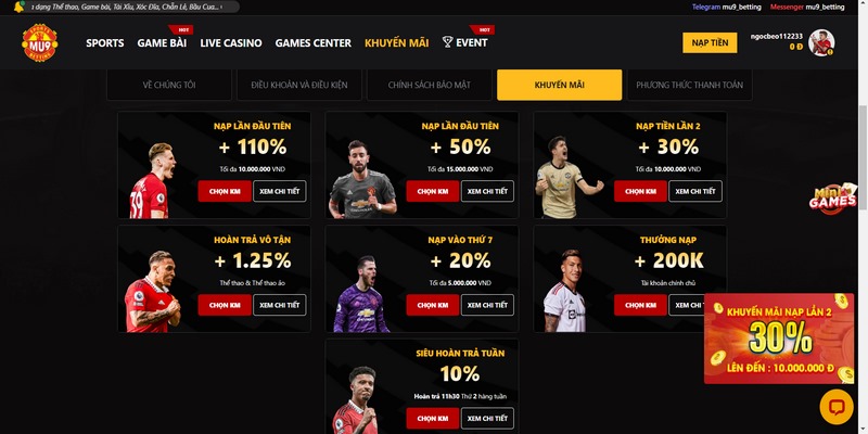 Khuyến mãi MU9 - Một số sự kiện bùng nổ đang triển khai 1 Mu9 Hoàn Trả Lên Đến 10% Cho Sports, E-Sports, Virtual Sports